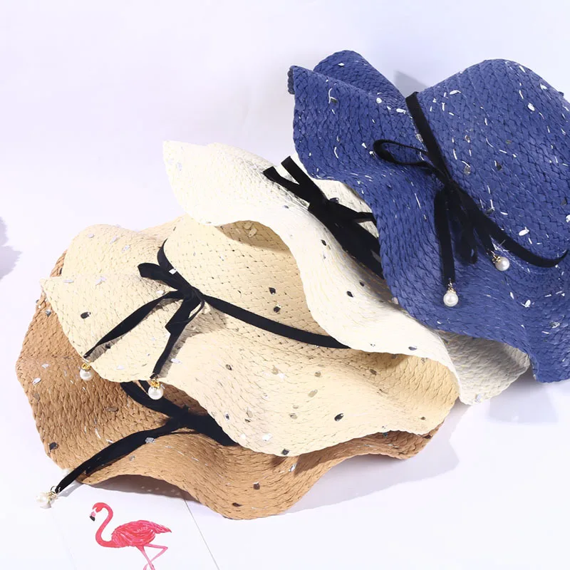 
Sun Straw Boater Hat Paillette Design Paper Sweet Style Summer Beach for Women Ribbon & Rope Adults Female IMAGE Plain 