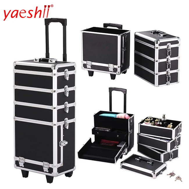 

4in1 I Aluminum Cosmetic Makeup Suitcase Train Box Trolley Rolling Makeup Case with 360 Degree Wheels, Pink/black