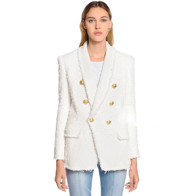 

Women' metal buttons shawlcollar tweed jacket casual office wear female blazers, White
