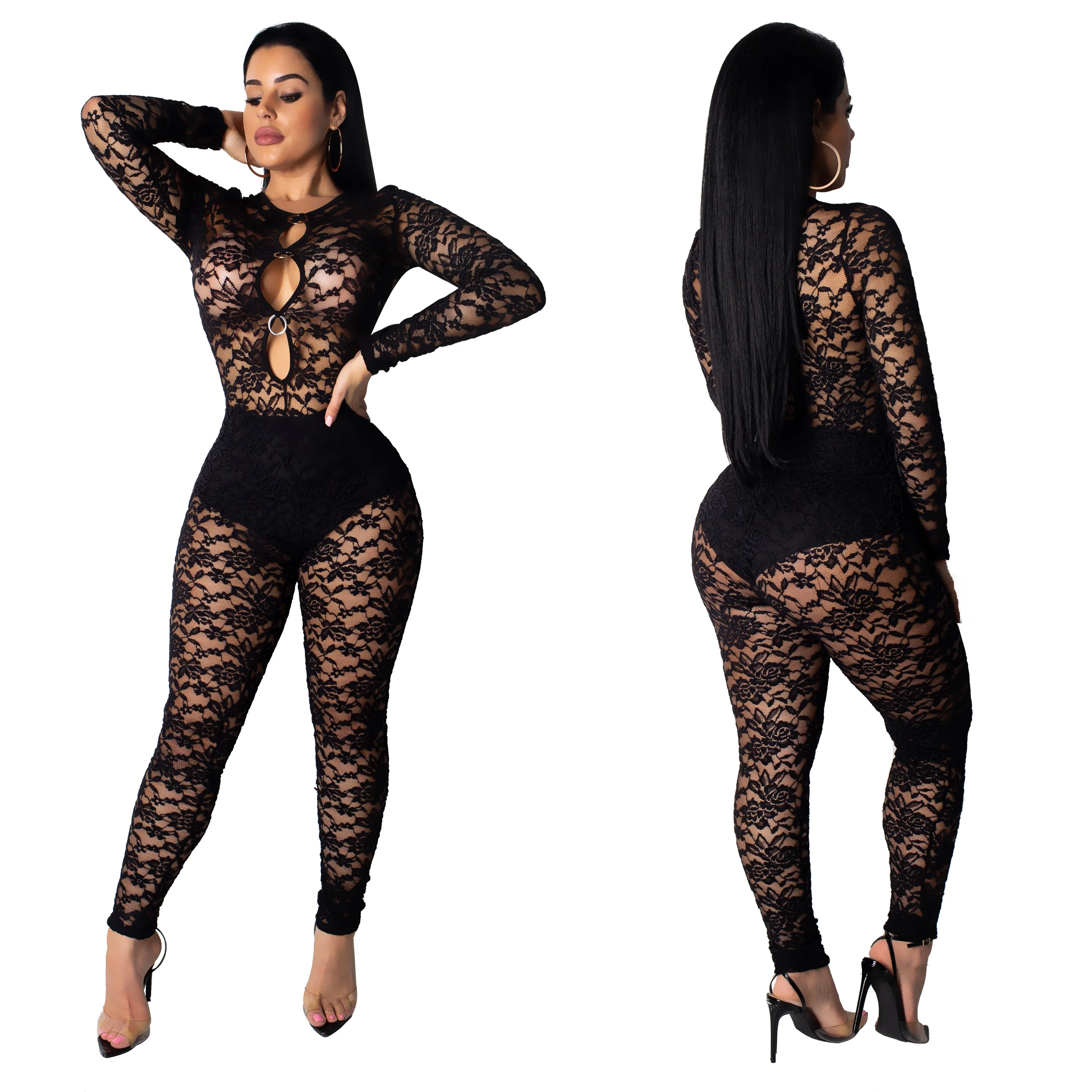

Hot sexy designer lace transparent hollow out bandage bodycon jumpsuit ladies, Black