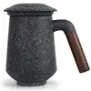 Ceramic Mug with Wood Handle 12oz Loose Leaf Tea Cup with Infuser Heat-Resistant Black Walnut Handle