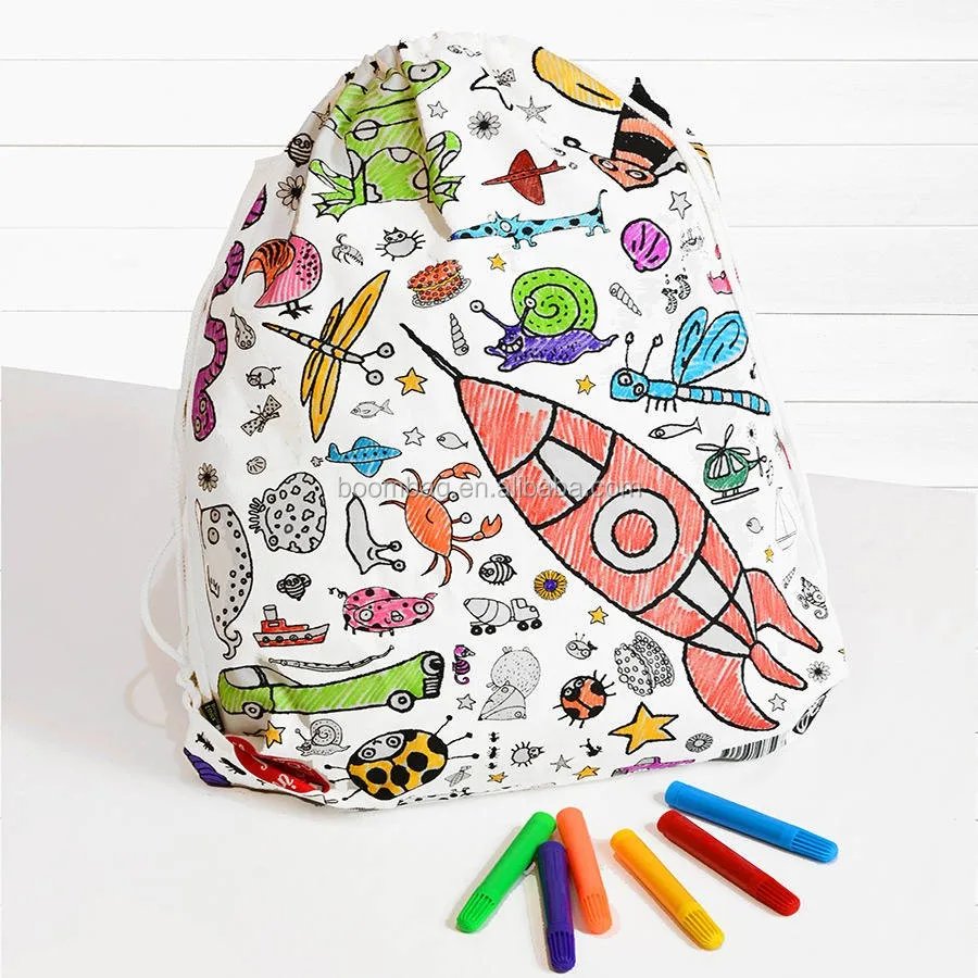 Children Kids Diy Doodle Drawing Coloring Cotton Canvas Drawstring