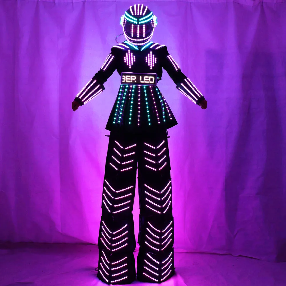 

LED Luminous Stilt Women Robot Costume With LED Helmet Growing LED Light Kryoman Robot Suit Stilt Clothes Event trajes de, Rgb