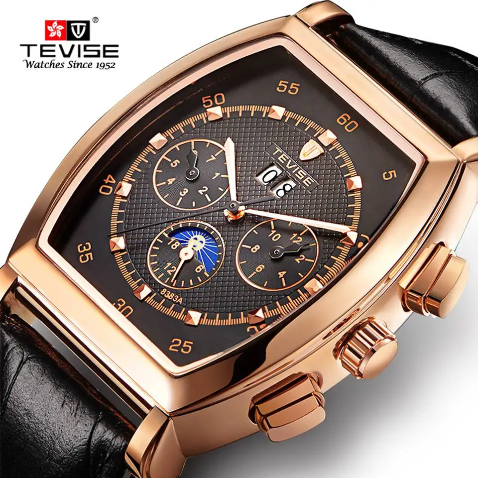 

TEVISE Men Mechanical Wristwatches Rectangle Man Watches Auto date Genuine Leather Wristwatch Man Moon Phase Relojes Hombre