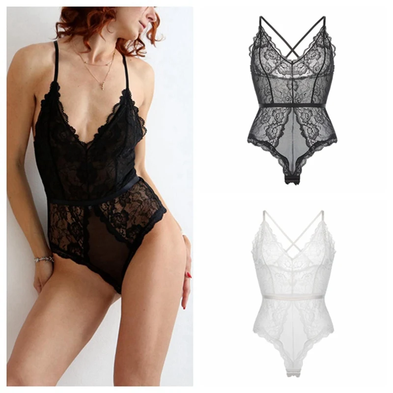 

Women's Sexy Crisscross Deep V Neck Lace Bodysuit Lingerie