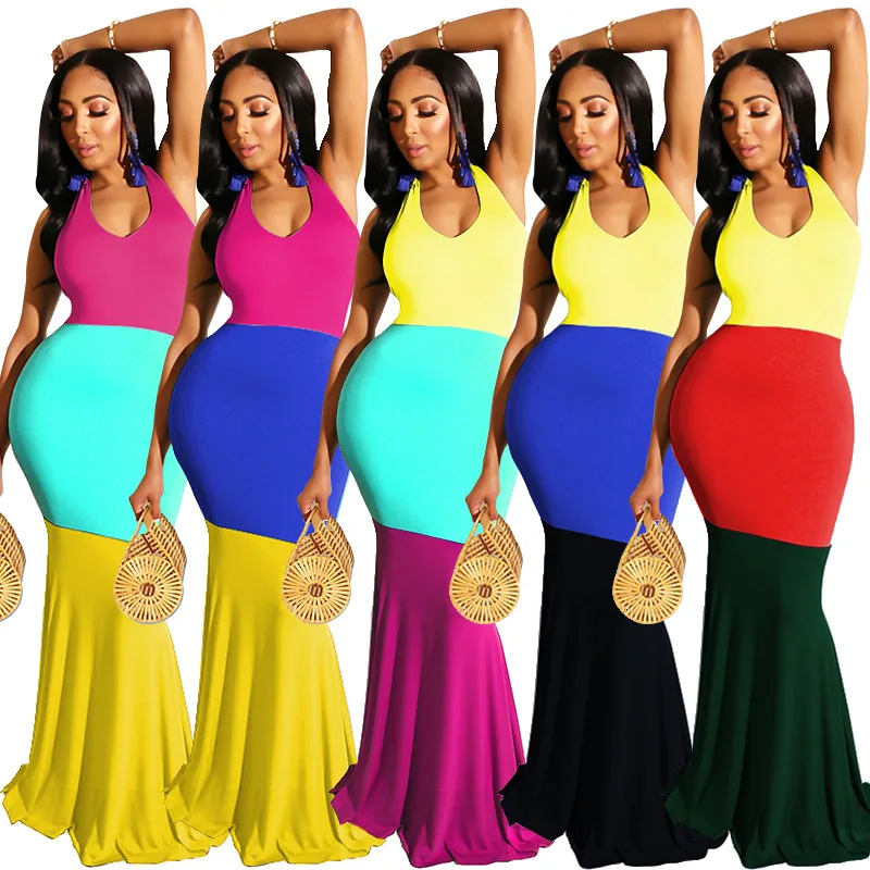 

Women's halter patchwork striped Colour Long Dress Summer Clubwear Party Dress Long Gown Maxi floor Dresses, Orange purple blue