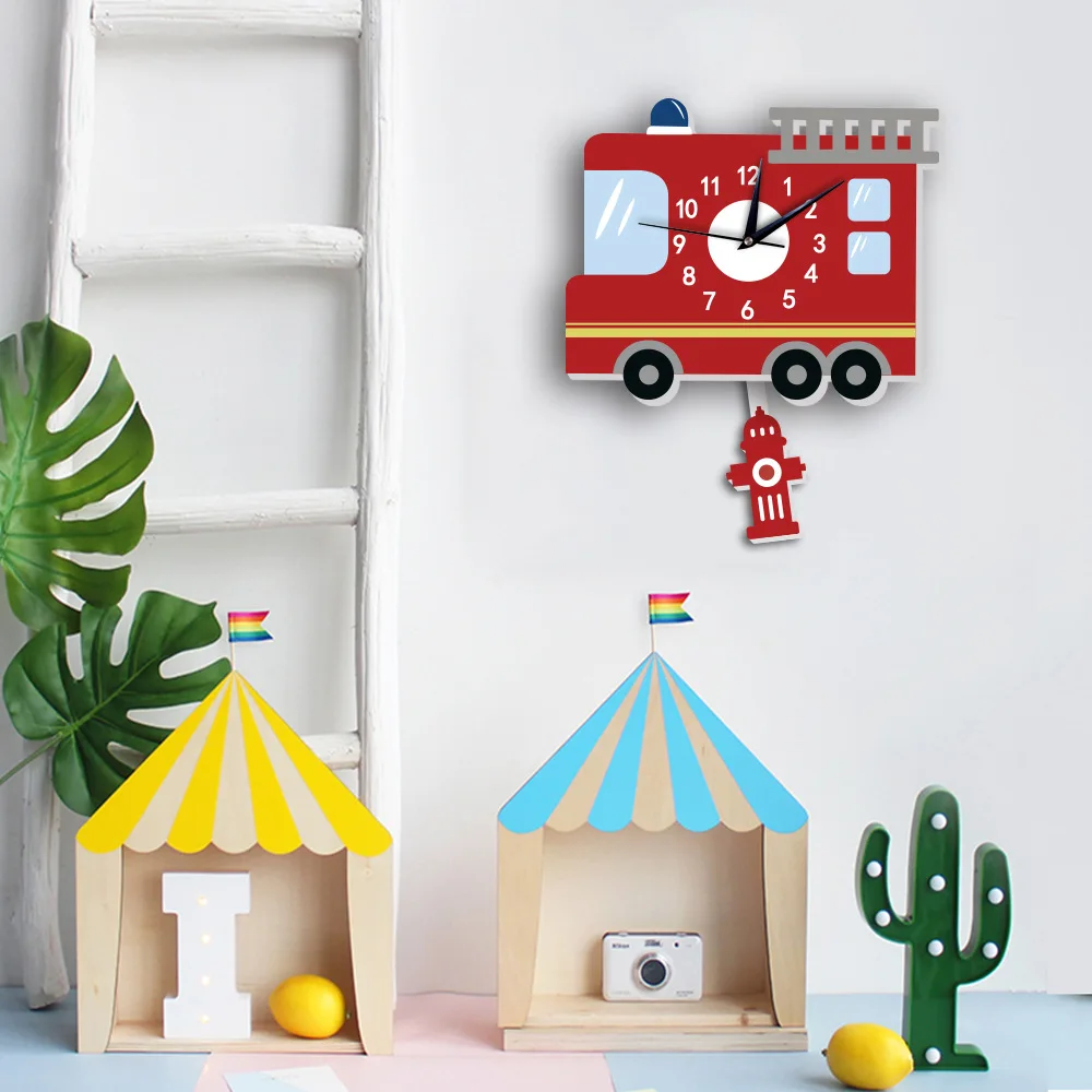 

Modern creative wooden silent wall decor children cartoon fire engines digital swing wall clocks