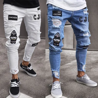 

2019 new pants high waist jeans men patch jeans tapered wrinkle fashion denim pants