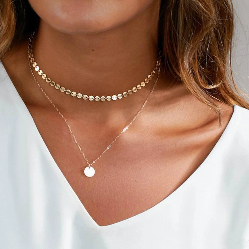 New Fashion Women 2 Layer Round Collar Necklace Jewelry Multilayer Sequins Choker Necklace Gifts Jewelry