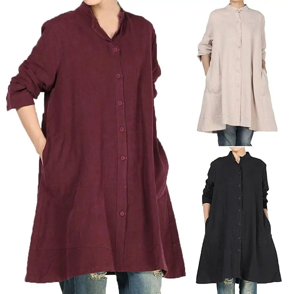 

Women's Cotton Linen Dresses Full Front Buttons Jacket Outfit With Pockets Casual Shirt Dress YY10306