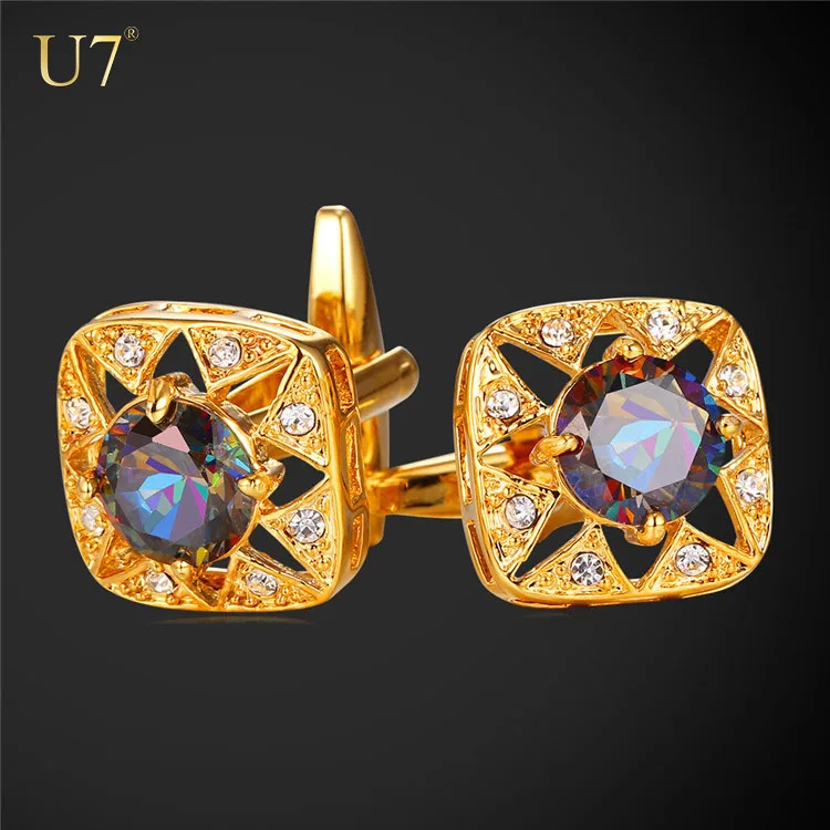 

U7 Gold plated cuff links , high quality crystal Rhinestone diamond cufflinks for men, Gold/platinum color