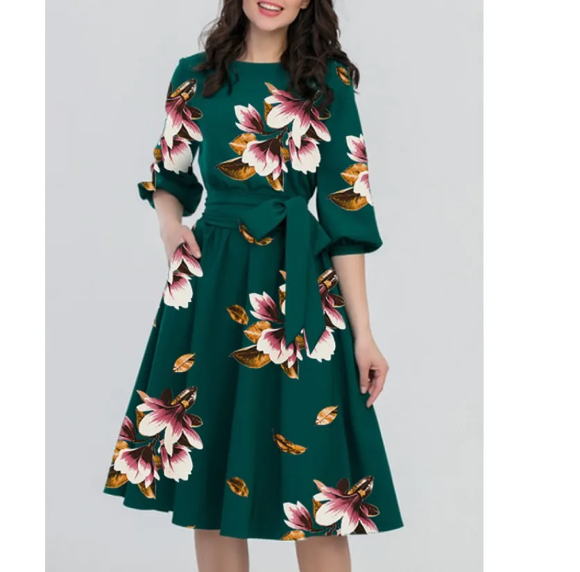 

E9053 Floral Print Vintage Dress Women Spring 50s 60s Style Half Sleeve Big Swing Party Dresses Plus Size Casual Vestido