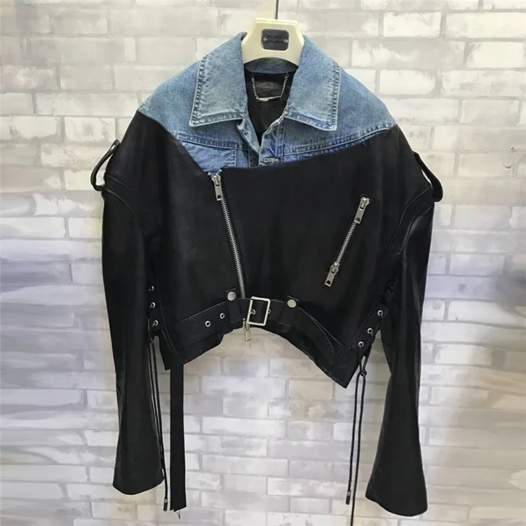 

Fashion design denim leather coat genuine leather bomber jacket motorcycle leather jaket for ladies, As photo or customized
