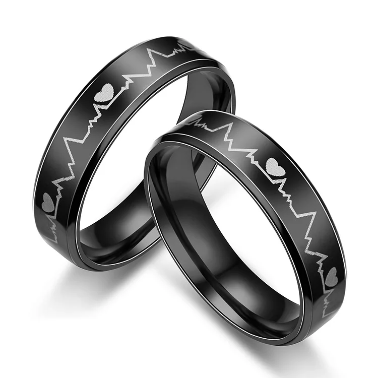 

YWMT 2018 Wholesale Customized Jewelry ECG Heartbeat Stainless Steel Ring, Black
