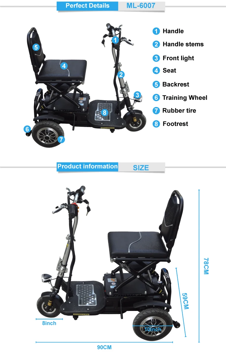 Lightweight 3 Wheel Folding Electric Disabled Mobility Handicap Scooter For Elder