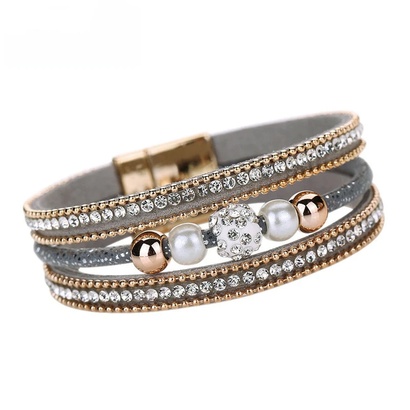 

Hot Sale Colorful Multilayer Crystal Leather Magnetic Beaded Women Bracelet, Picture