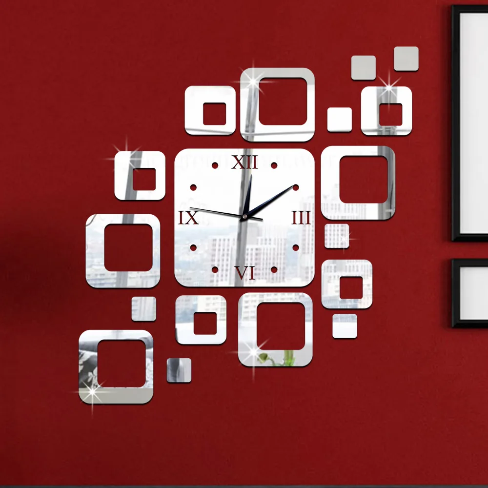 Creative Hot Selling 3d Square Mirror Clock Acrylic Square Shape Wall