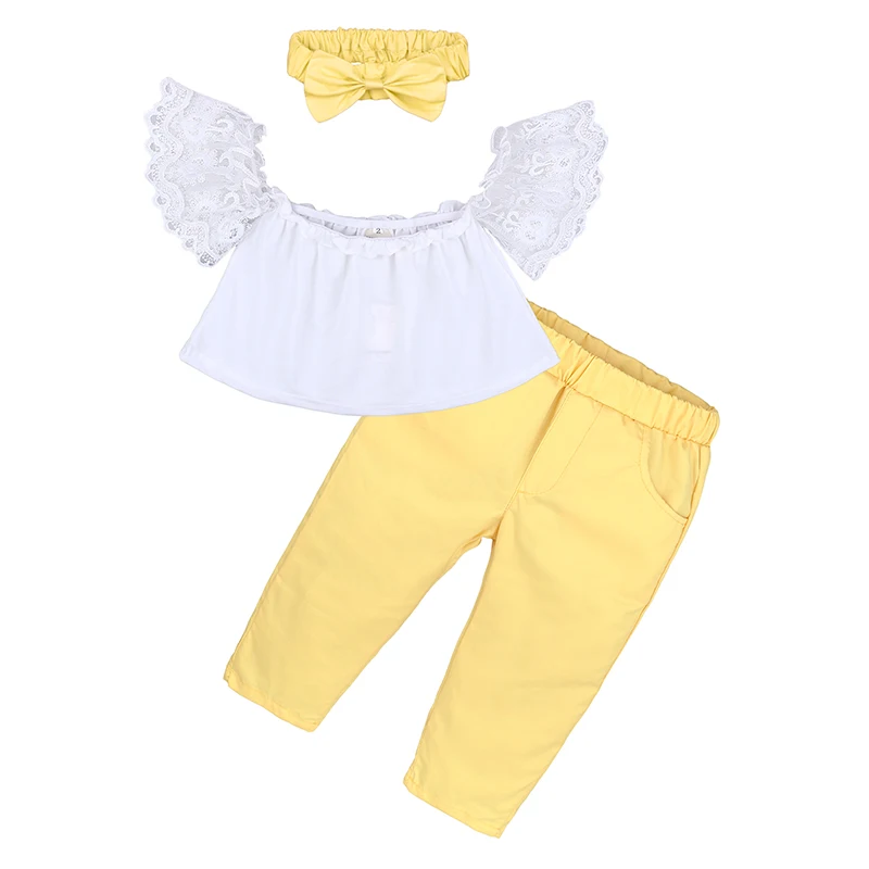 

Girls wholesale boutique clothing kids clothing sets white Off Shoulder t-shirt and Yellow Pants, As picture