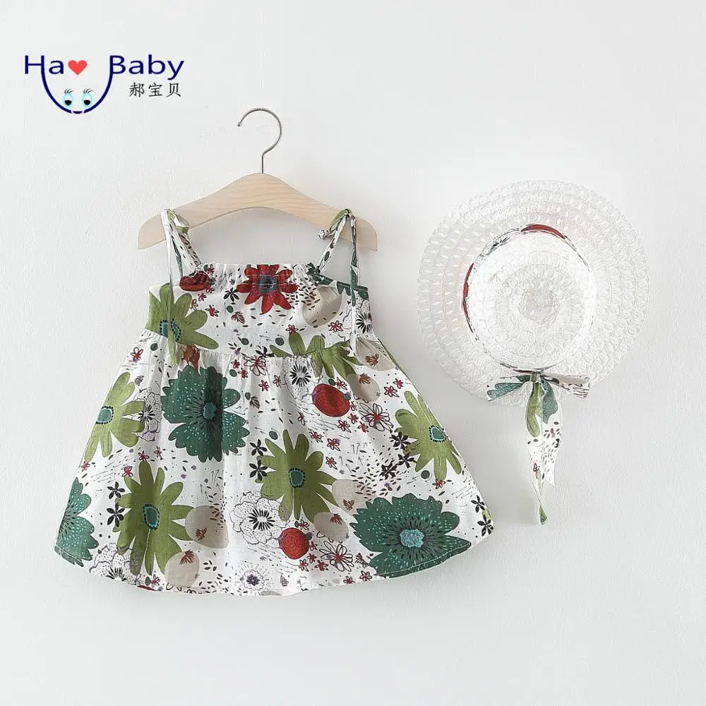 

Hao Baby 2019 Children's Skirt Wholesale Summer Solid Color Flower Print Suspender Skirt With Hat Toddler Baby Girl Clothing Set, As pictures