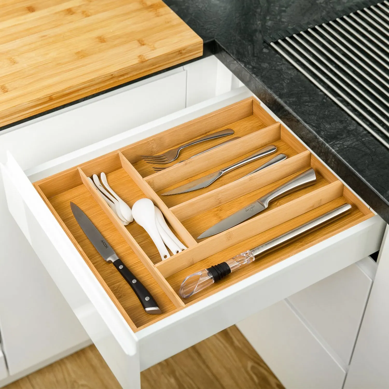 Bamboo Drawer Organizer,Adjustable Kitchen Storage Box,Cutlery Tray