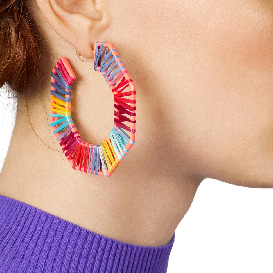 

20413 Dvacaman Fashion Women Eardrop Accessories Statement Bohemian Raffia Hoop Earrings Jewelry for Summer, As pictures
