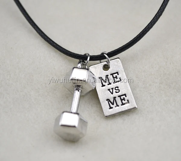 

Me Vs Me metal square charm fashion leather cloth with dumbbell sport necklace