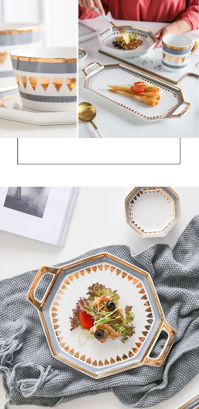 High-end Western style gold rim octagonal porcelain tableware set dinnerware dishes plates