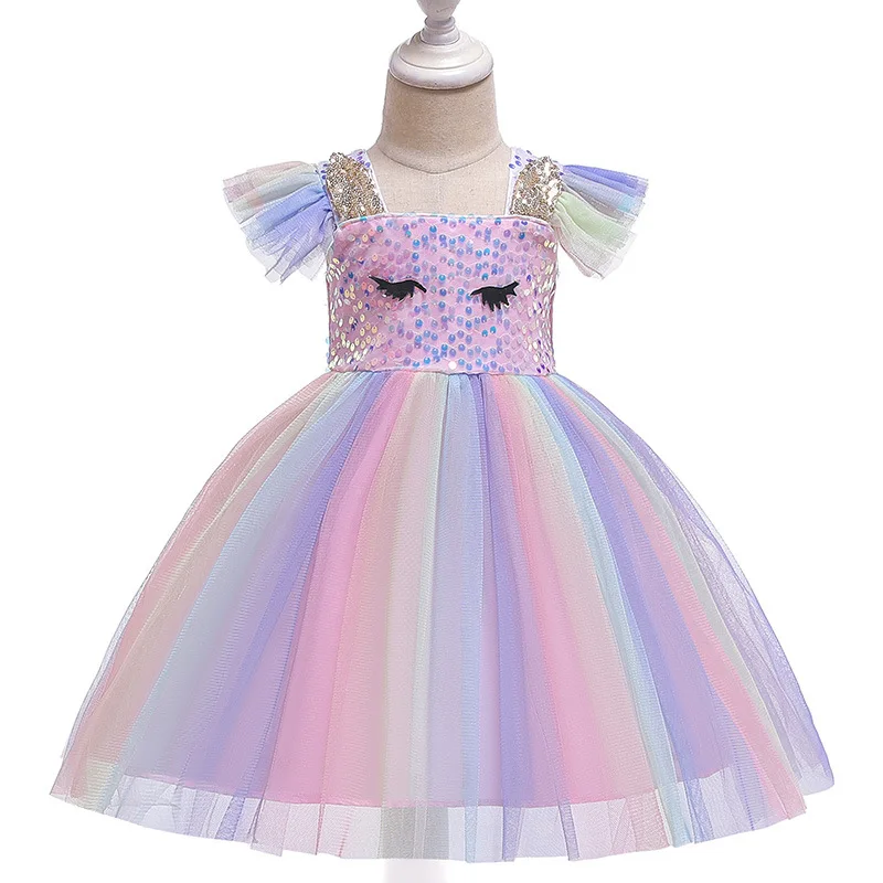 

2019 New Girls Small Flying Sleeves Children's Dress with Ears Eyes Beads Lotus Leaf Rainbow Unicorn Tutu Princess Dress, Pink
