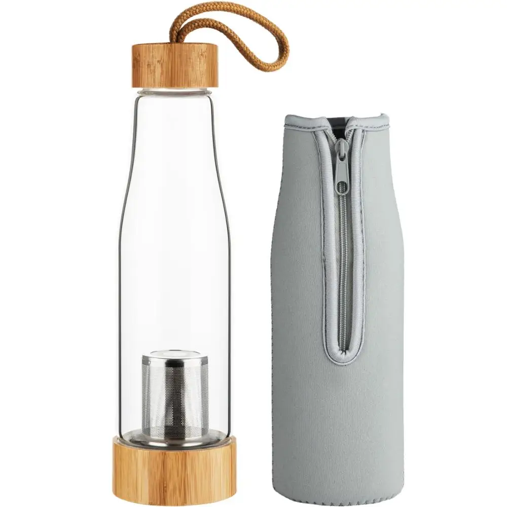 

Customized Double-End Bamboo Lid Borosicate Glass Drinking Water Bottle With Stainless Steel Tea Infuser, Customized color acceptable