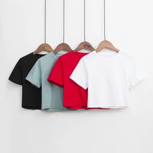 
Fashion Summer Women Knitted crop Short Sleeve T Shirt Tees Solid O-neck T-Shirts Women Casual Cute Cropped Top 