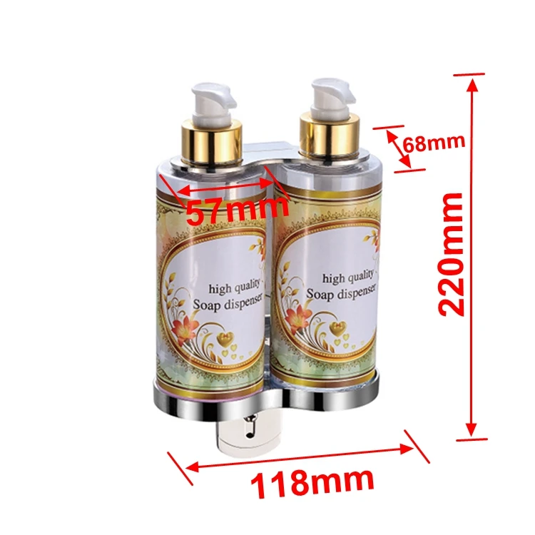 Replaceable doulbe 300ml PET plastic kitchen soap dispenser wall mounted with bracket