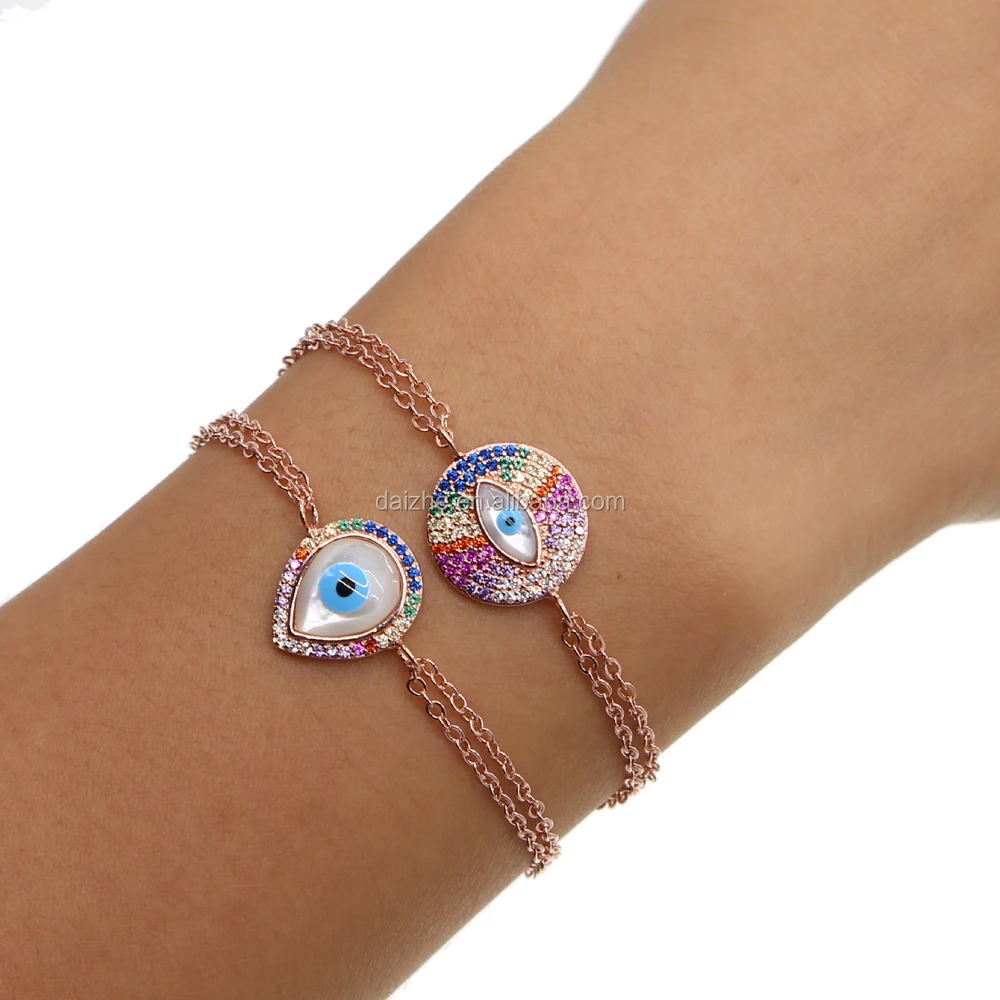 

fashion multi color rainbow cubic zirconia color rose gold double chain girl women rose gold evil eye bracelet