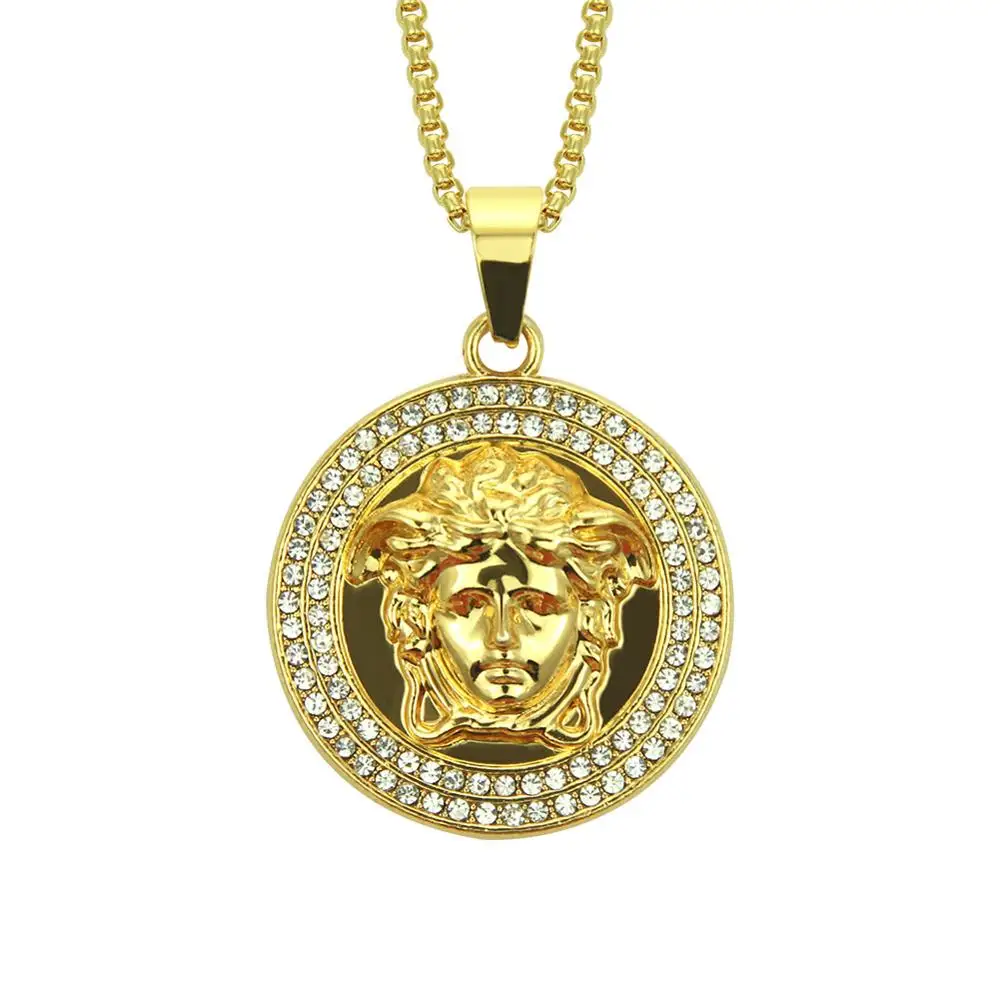 

Fashion New Arrived Hot Selling Zinc Alloy Round Crystal Diamond Punk Men Gold Plated Pendant Necklace For Men