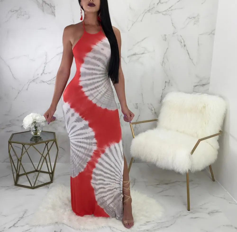 

Women Long Dress Sexy Halter Sleeveless Sling Ink Printed Dress, Picture color