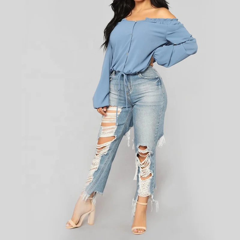 

Latest designs lady off shoulder blouse & wide sleeves top, Denim blue