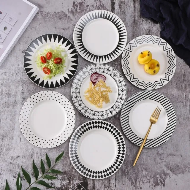 Customized Simple Style Porcelain Black And White Geometric Dinnerware