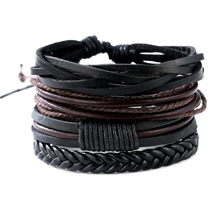 

Classic Design Men's Jewelry Multi Strand Black PU Leather  Bracelet for Wholesale