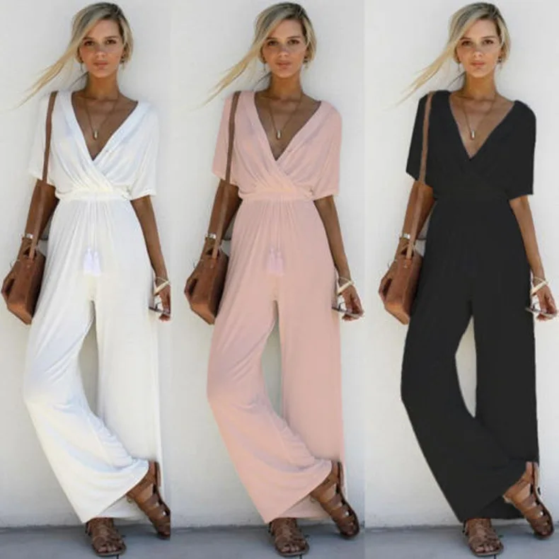 

Jumpsuit Mujer Cross Deep V Strap Sexy Ladies Waist Jumpsuit 2018, White;black;pink