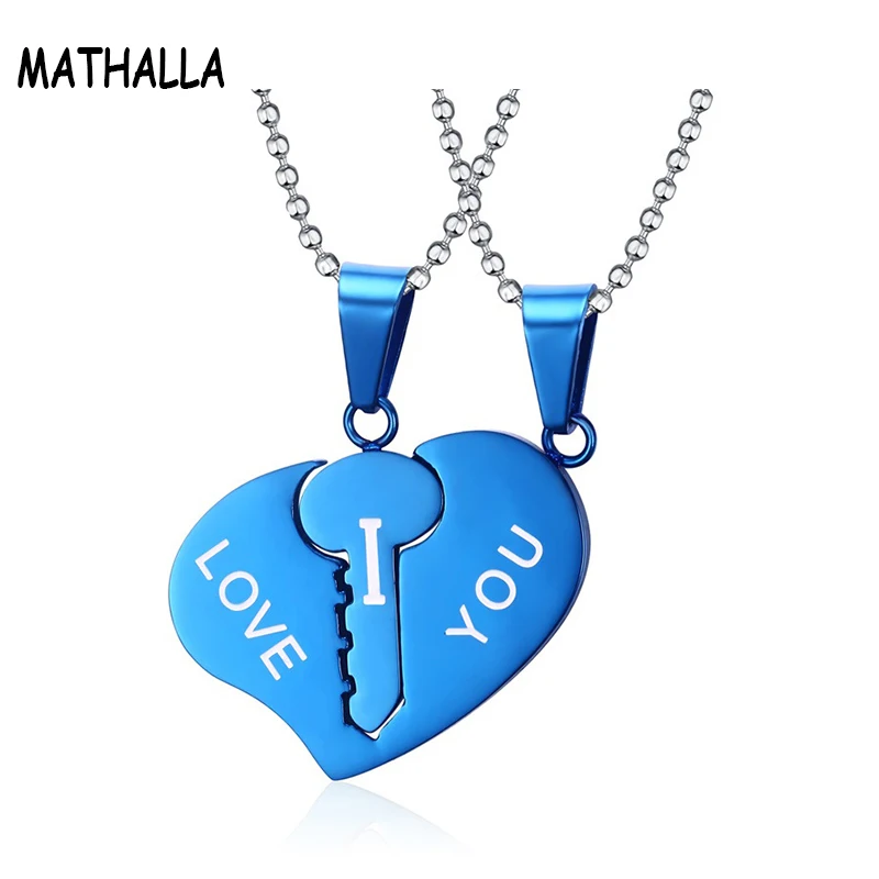 

Couple Jewelry Blue Stainless Steel Heart Key Pendant Ball Chain Collier Engraved I LOVE YOU Letters Couple Necklace Set, As picture