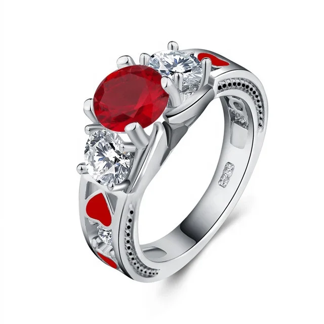 

European Pop Brand Jewelry Red Enamel Love Heart Micro Zircon Inlay Ring for Women Unique Design Female Wedding Ring bague femme