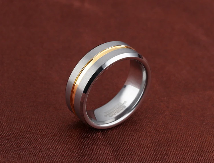 mens 8mm silver matte finish tungsten carbide ring 14k gold