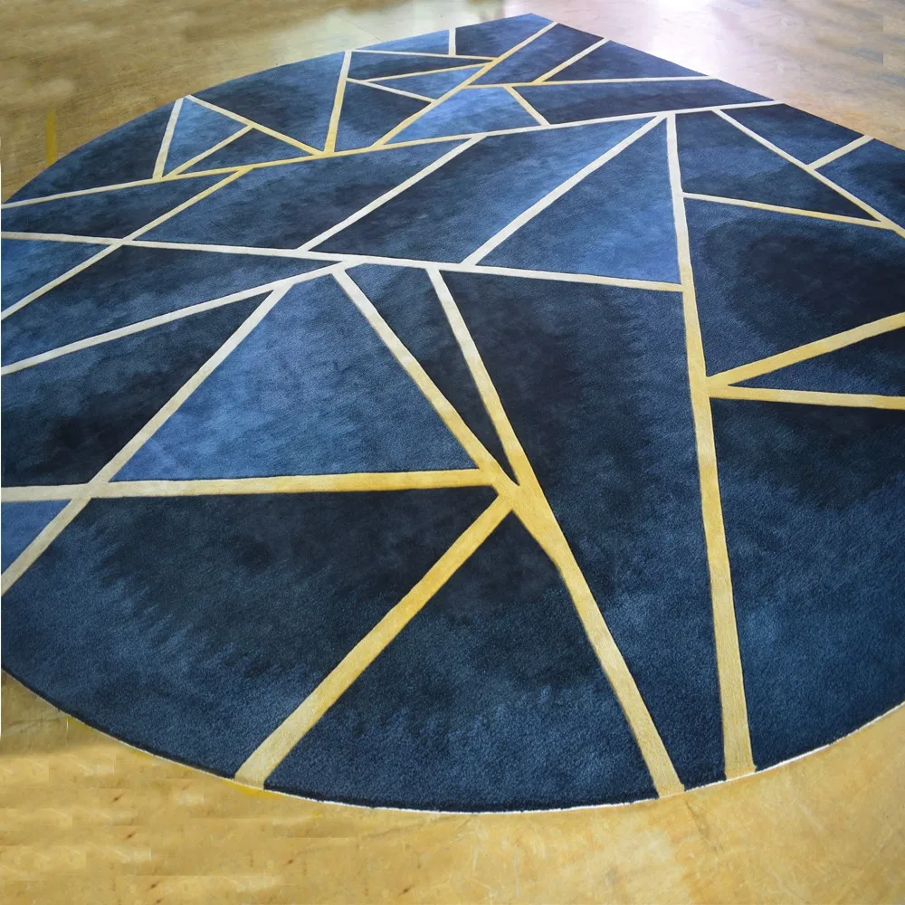 Navy Blue Geometric Rug With Glod Line Hand Tufted Carpet Luxury