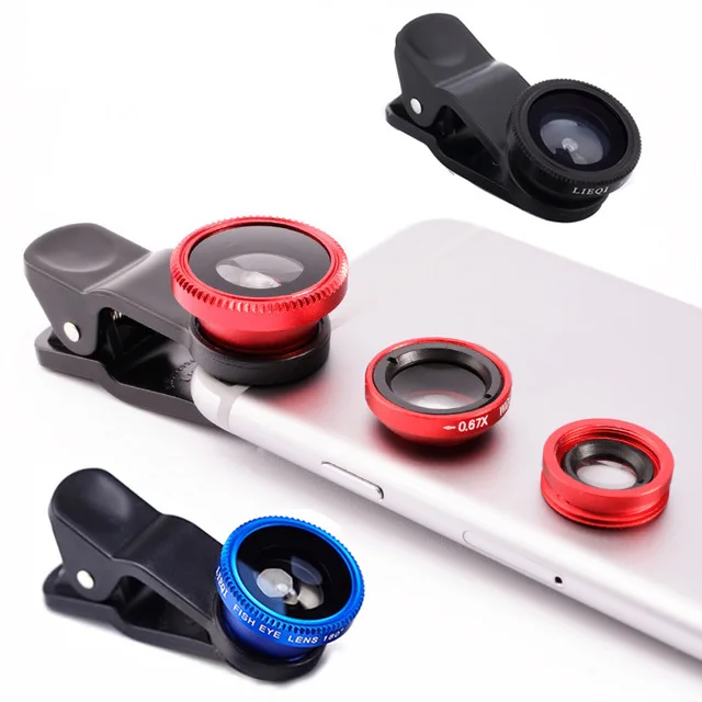 

Custom logo Camara mobile lens 3in1 Phone Lens Fisheye Macro Lens for Iphone7/7Plus for Samsung S8/S8 Plus, Red/silver/black/blue/gold