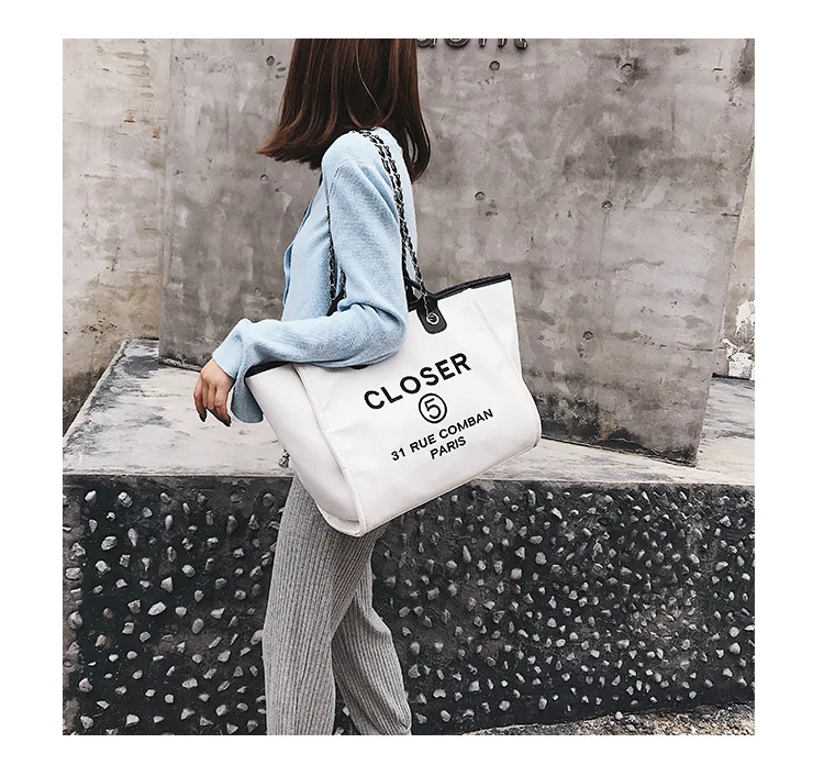 

Custom Wholesale tote hot transfer printing beach reusable cotton Canvas Bag with metal chain, Black/white