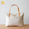 Beige Canvas Bag Cotton Tote Bags With Leather Closure Leather Shoulder Wholesale Foldable Bag