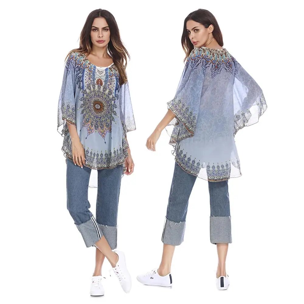 

Autumn fashion women muslim boho style long sleeve chiffon blouse, Blue