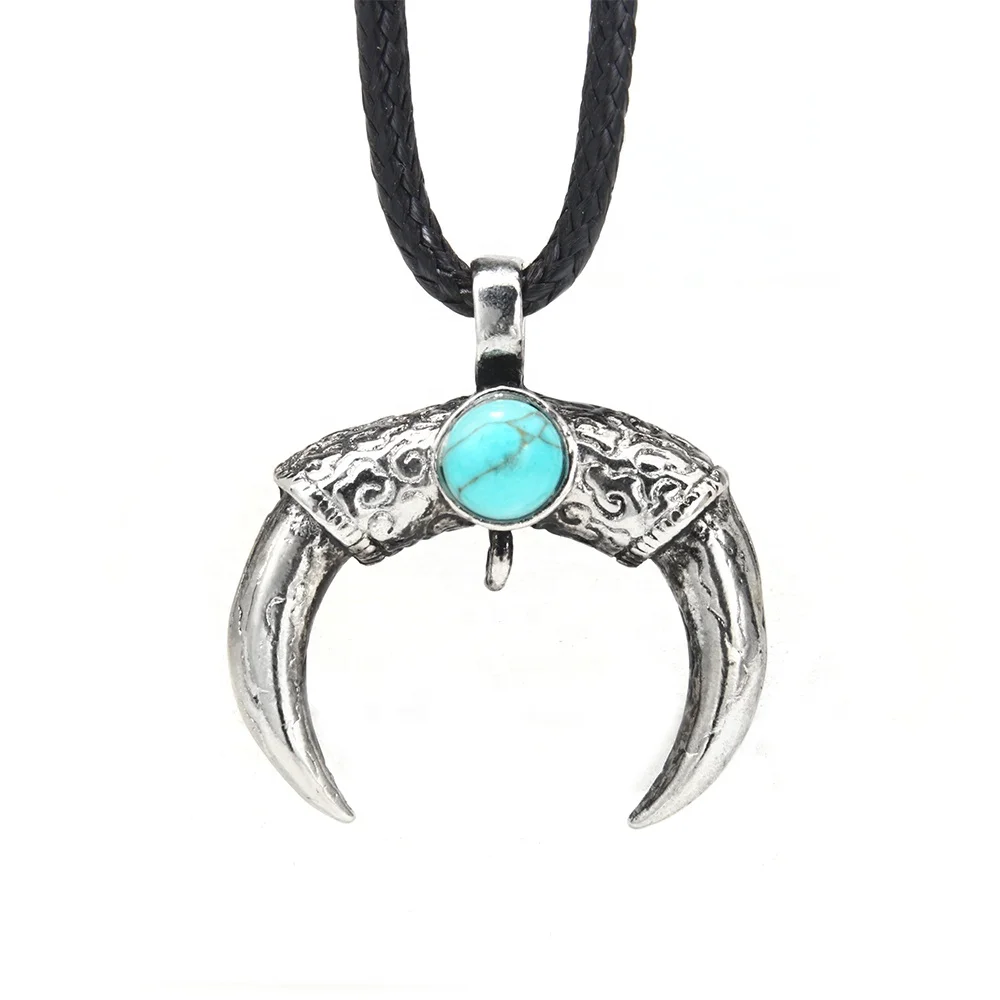 Bull Horns Alloy Pendant Turquoise Necklace Alloy Gemstone Pendant Wax Rope Animal Shape Pendant