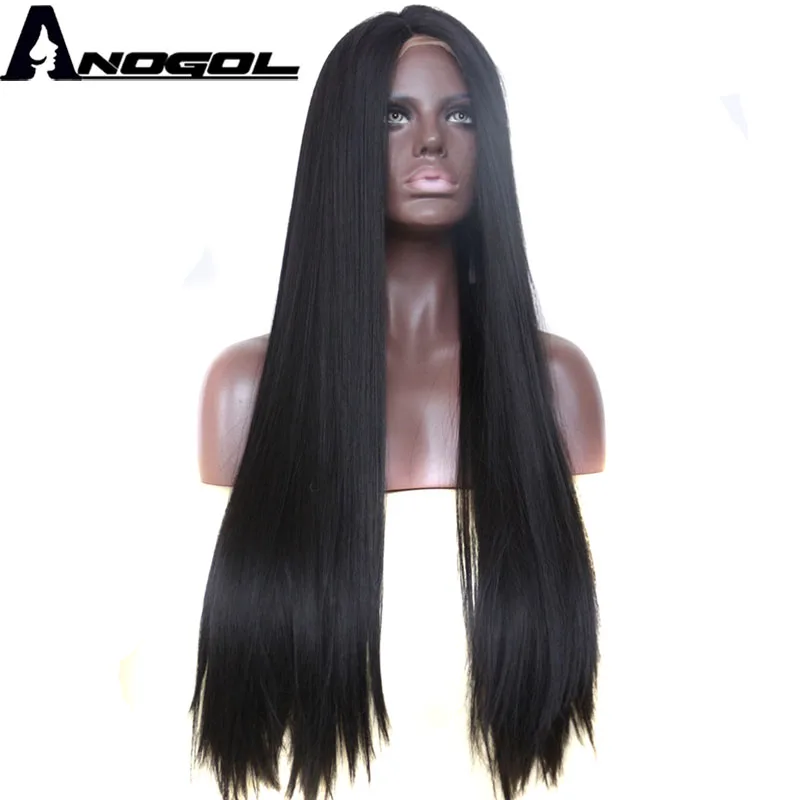 

Anogol Glueless High Temperature Fiber Natural Hairline Long Straight Black Synthetic Lace Front Wig For Women