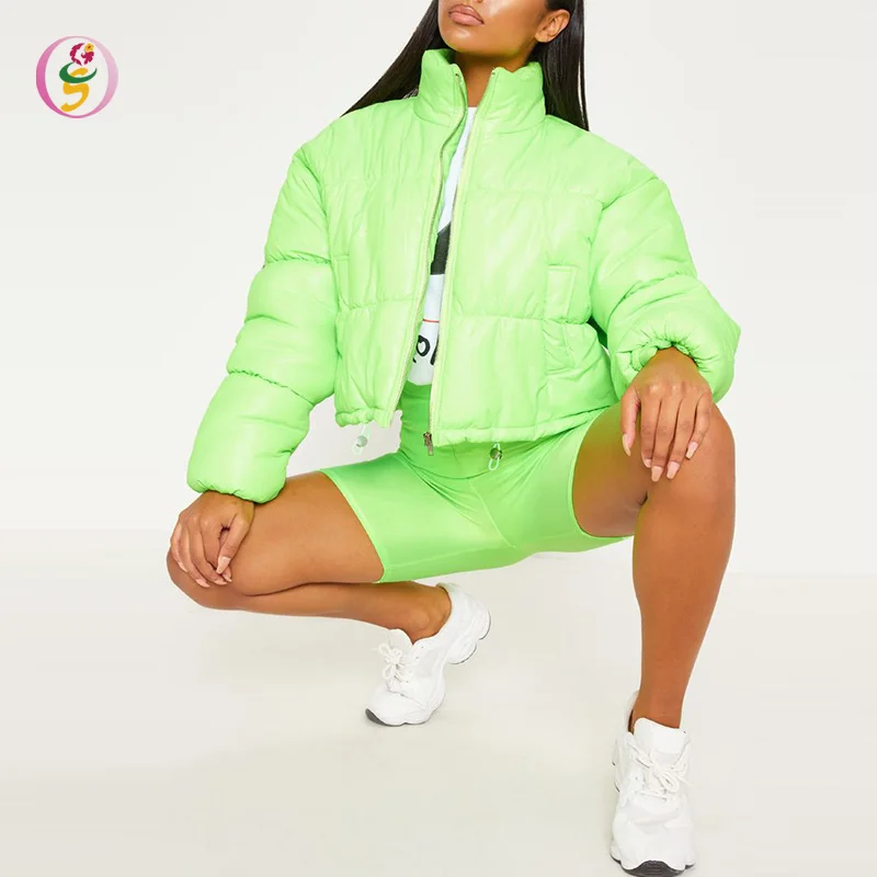 Winter Super Cool Lime Cropped High Shine Neon Puffer Coat Ladies Short Light Cotton Goose Down Coat
