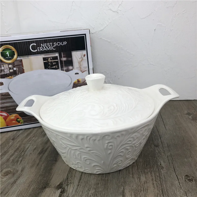 
white porcelain round ceramic soup tureen with embossed decoration and two handles  (60784629494)